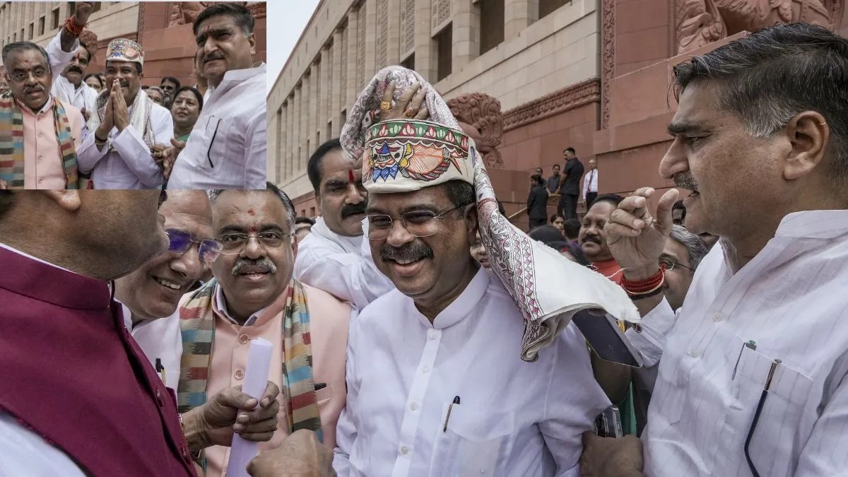 धर्मेंद्र प्रधान का संसद में ज़ोरदार स्वागत: एनडीए सांसदों ने पहनाया 'पाग', लगाए जिंदाबाद के नारे; इस्तीफा देने के बाद पहली बार पहुंचे पार्लियामेंट