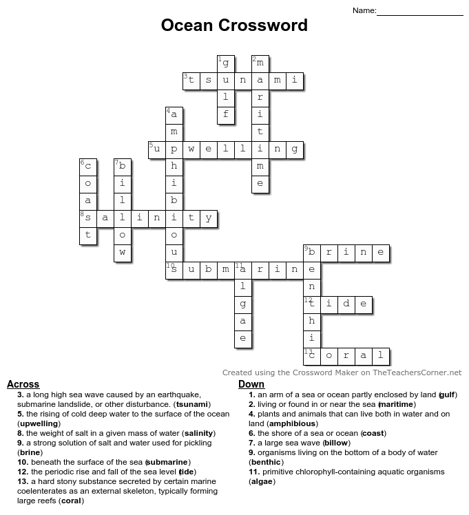 Ocean Crossword Puzzle Sea Animals Esl Printable Crossword Puzzle 