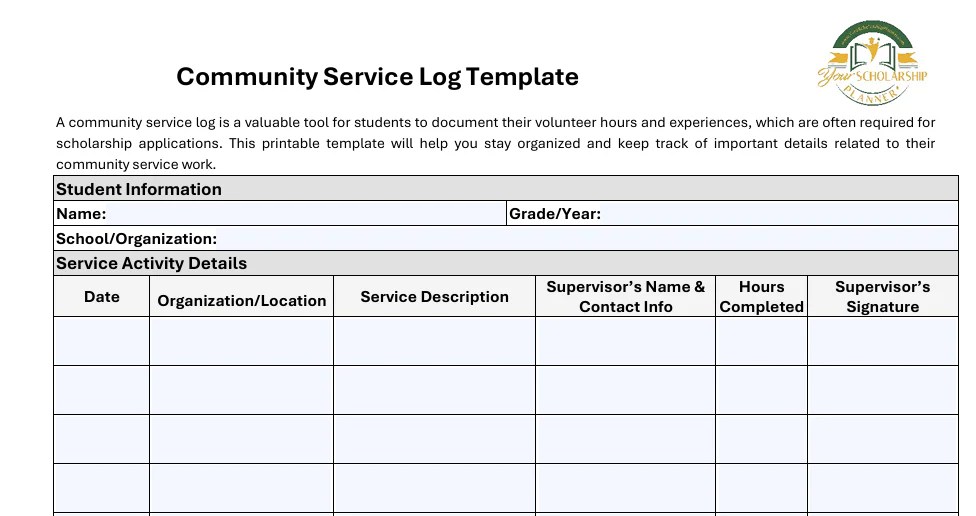 Pdf Fillable Community Service Template Yourscholarshipplanner