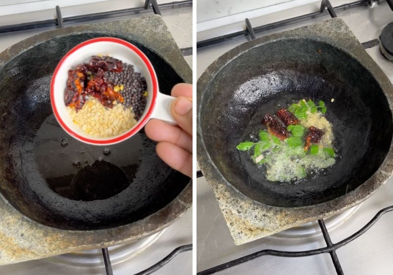 make tempering with oil mustard, urad dal, dry red chillies and curry leaves