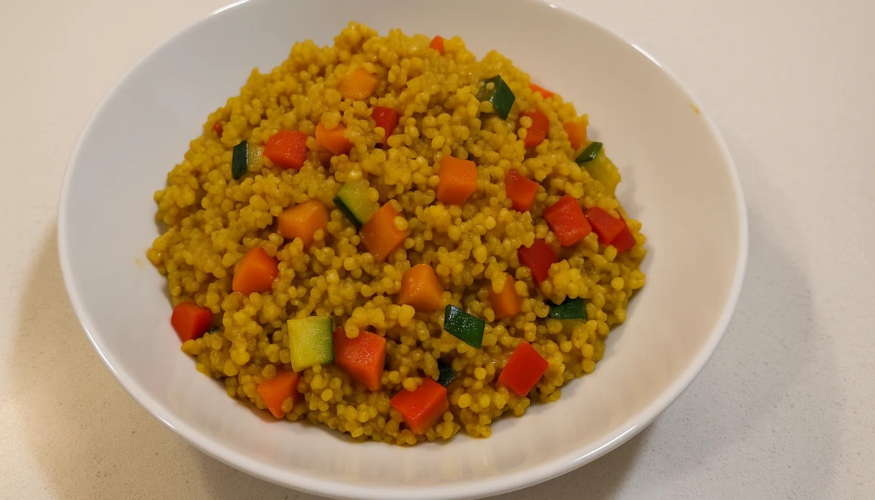 Quinoa allo zafferano con verdure croccanti, colorata, in una ciotola bianca su un piano cucina chiaro — ricetta Zafferù con zafferano in stimmi di Carrù (Piemonte)