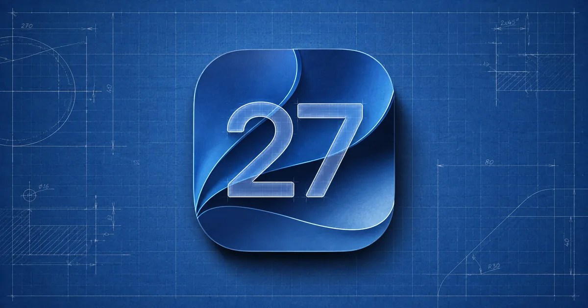กราฟิกไอคอน iOS 27 บนพื้นหลังลายพิมพ์เขียวสีน้ำเงิน
