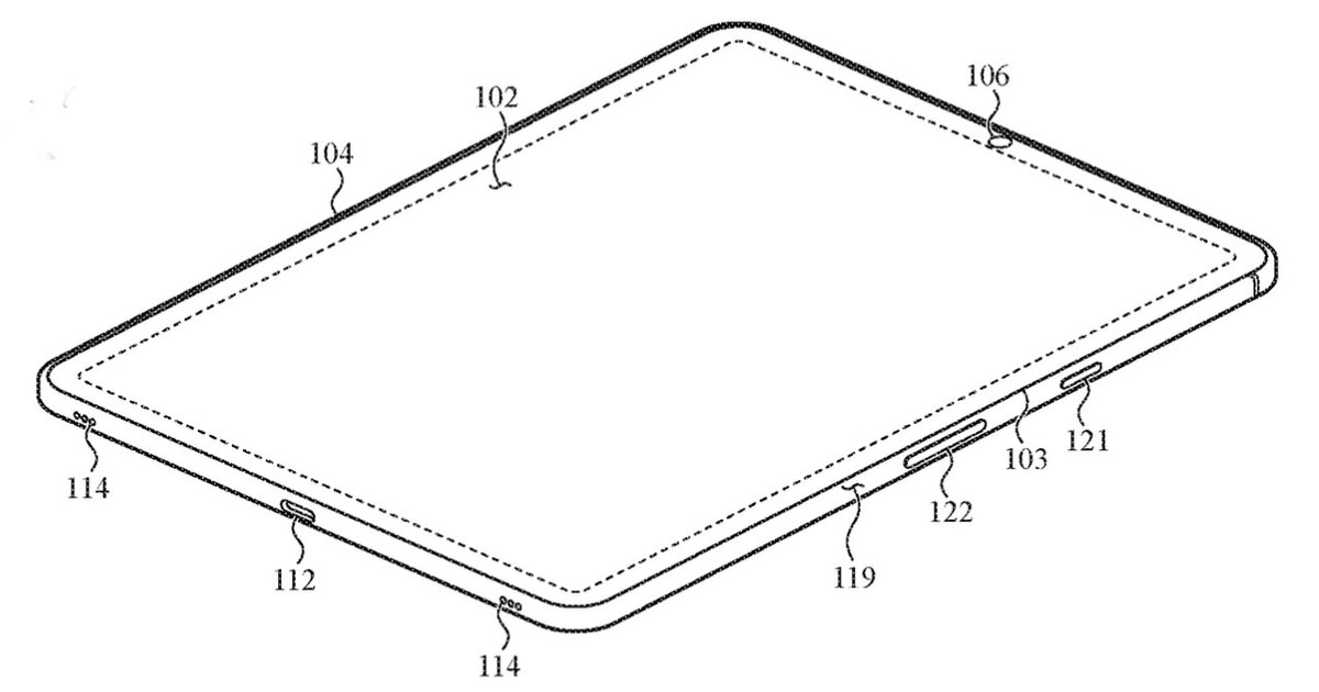 ภาพร่าง iPad พร้อมตำแหน่งปุ่มควบคุมบนขอบตัวเครื่อง
