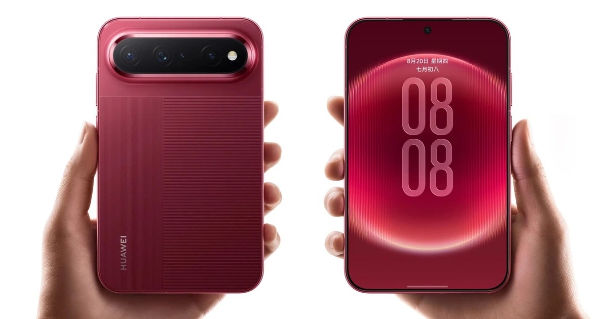 HUAWEI Pura X View สีแดงในมือ แสดงด้านหน้าและด้านหลังตัวเครื่อง
