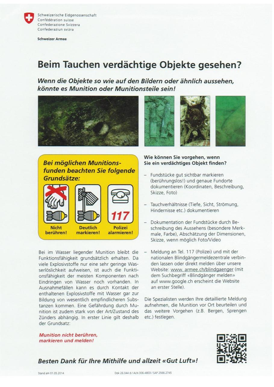 Merkblatt der Schweizer Armee über Munitionsfunde beim Tauchen