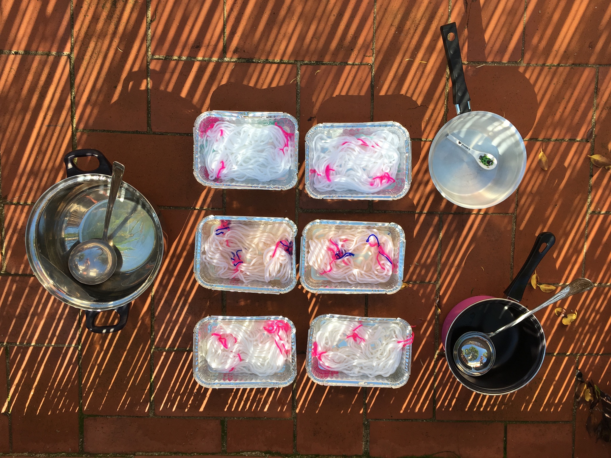Next, drain the mordants and add in the hot dyes.