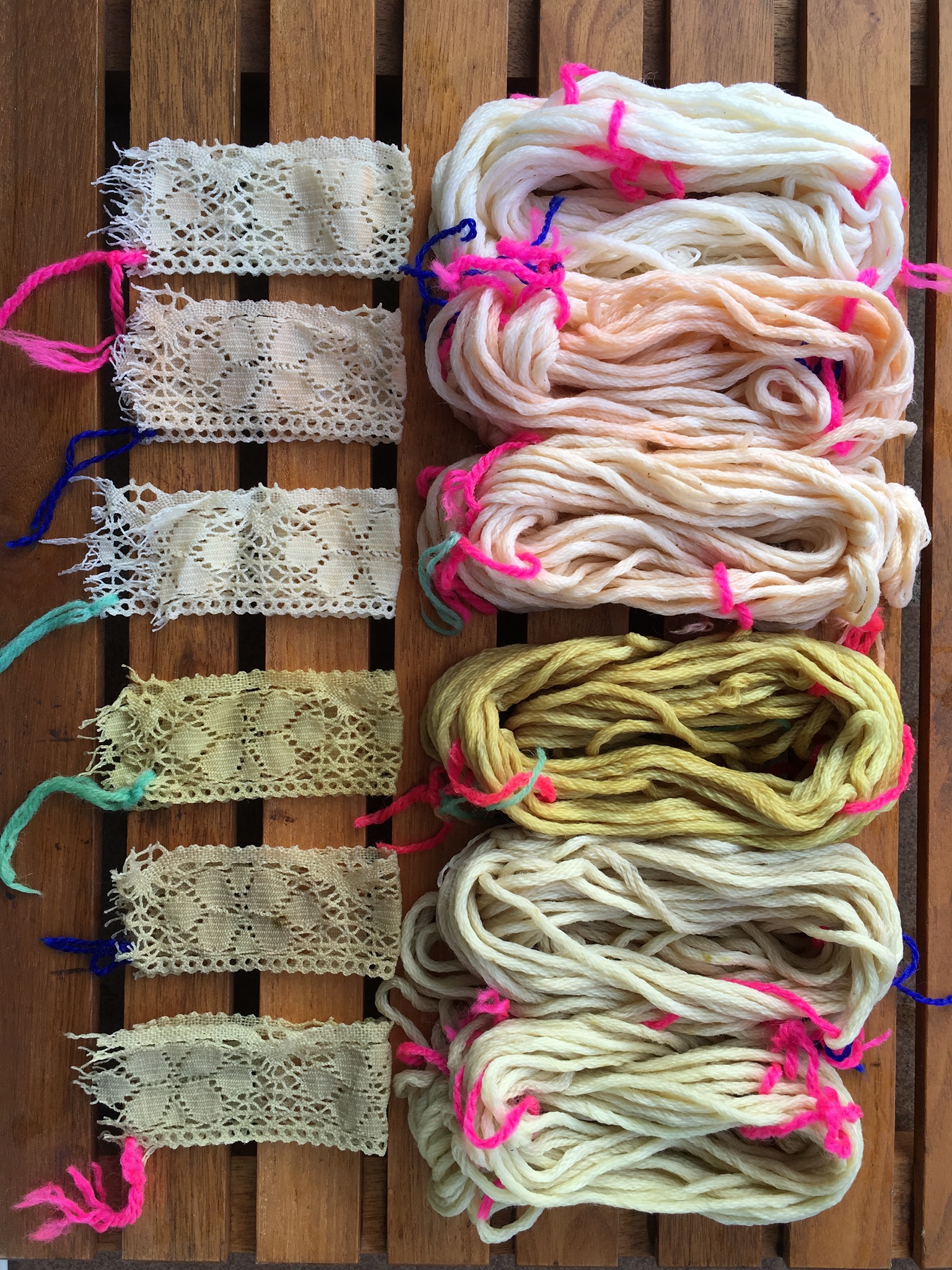 All yarns and lace close up.