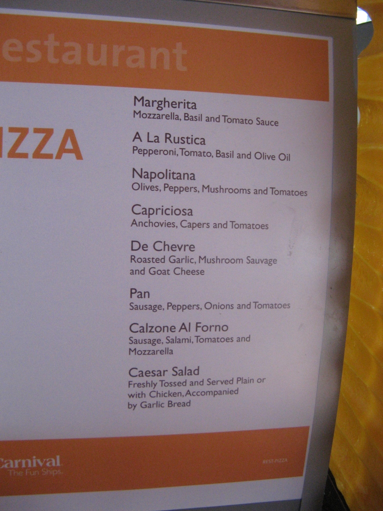 Carnival Cruise Line Pizzeria Menu Food Pictures