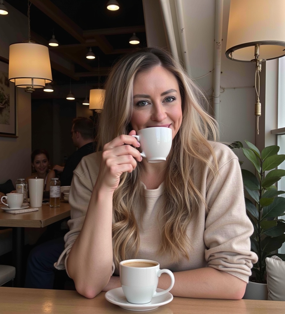 Wylde Collective A woman with long blonde hair sits at a cafe table, smiling as she holds a white cup of coffee. Another cup sits in front of her. The cozy cafe has warm lighting, plants, and other people seated in the background.
