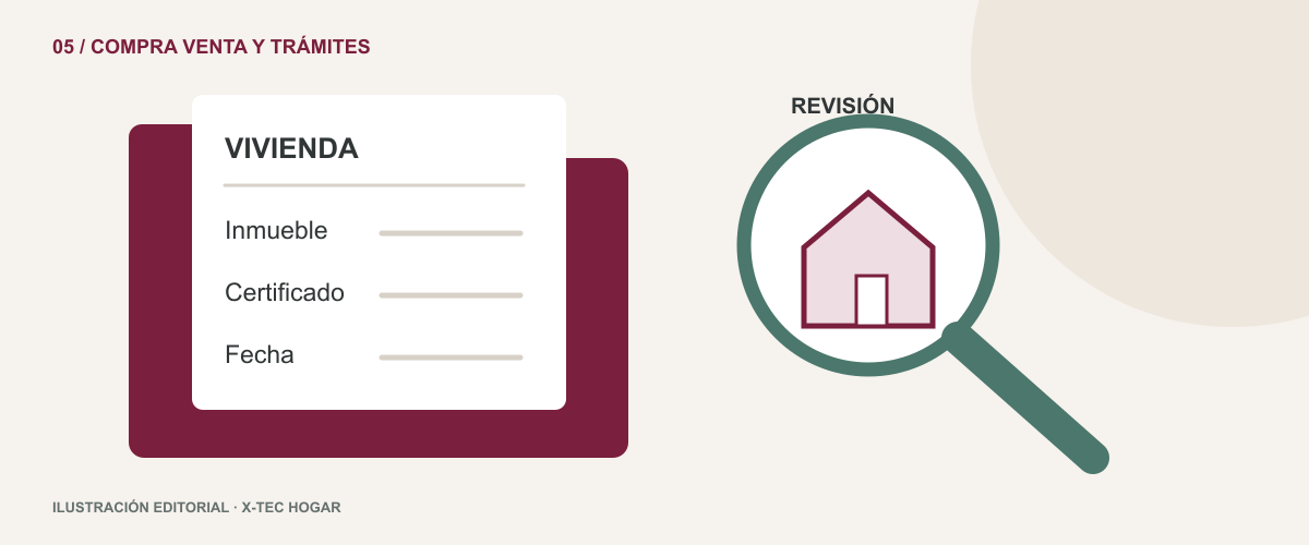 Una carpeta ilustrativa de una vivienda y una lupa señalan los campos inmueble, tipo de certificado y fecha, sin sellos oficiales ni datos reales.