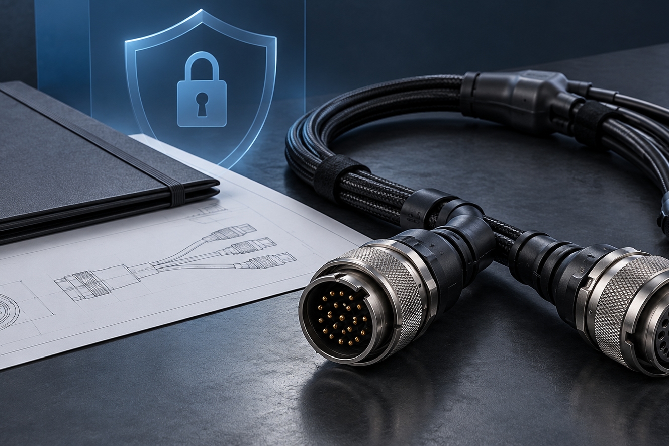 Cable assemblies beside an engineering drawing and a shield-and-padlock symbol representing protection of sensitive technical information.
