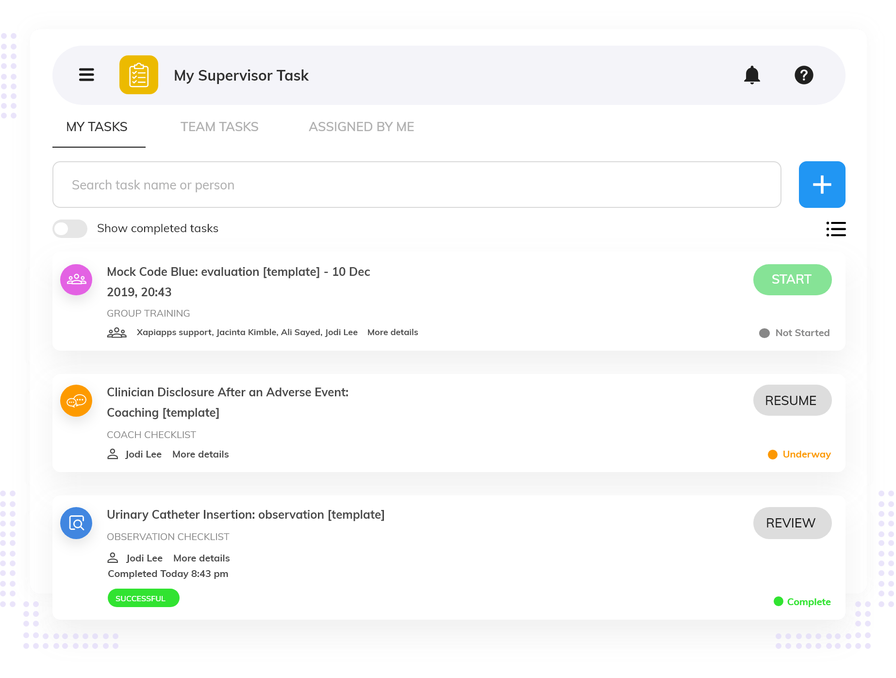 nursing supervisors task list screen