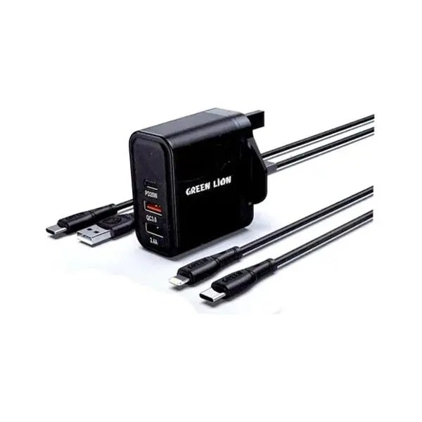 Green Lion Ultra Quick 3 OutPut Compact Charger 50W ( With 2 Cables