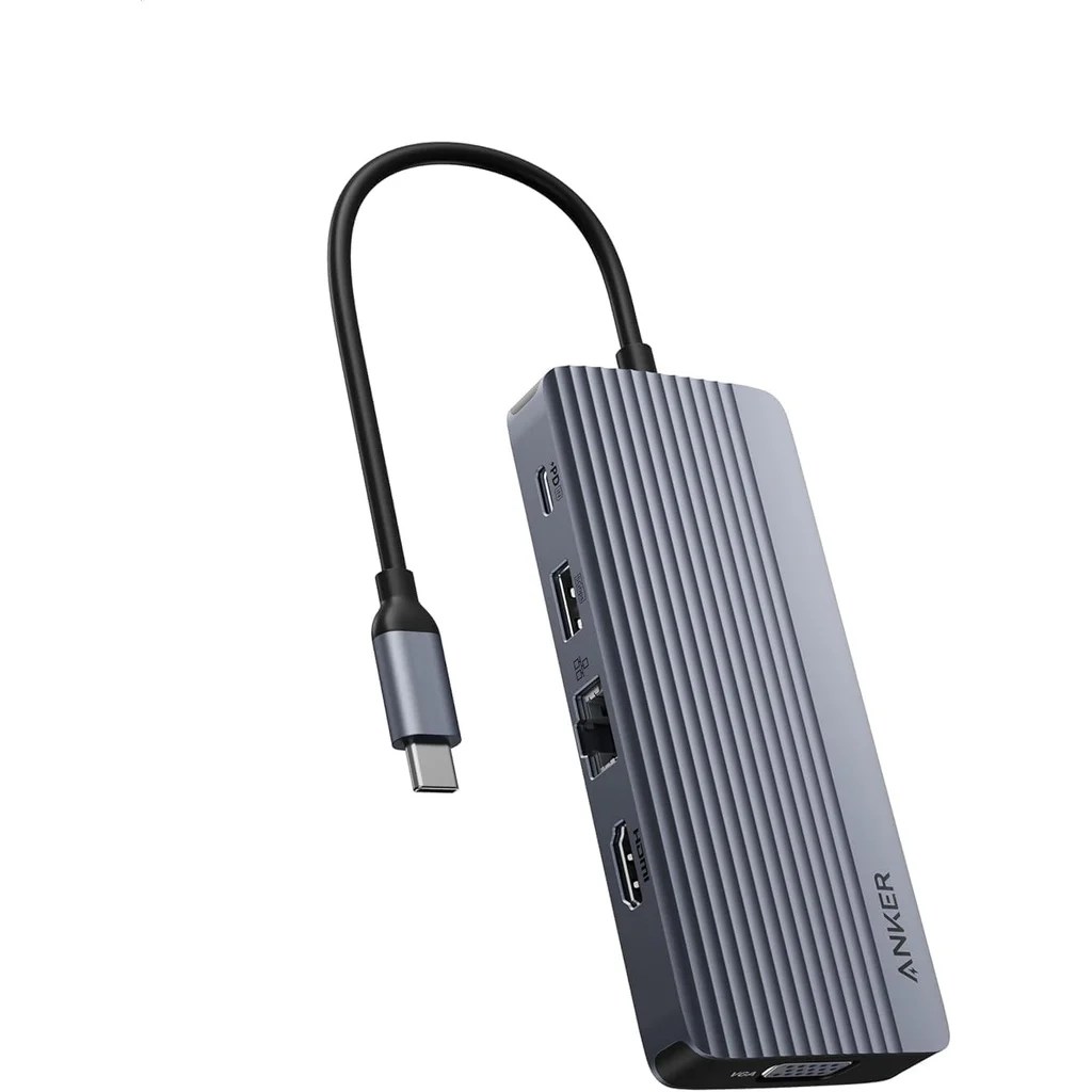Anker A83C2 10-in-1 USB-C hub in grey with integrated USB-C host cable