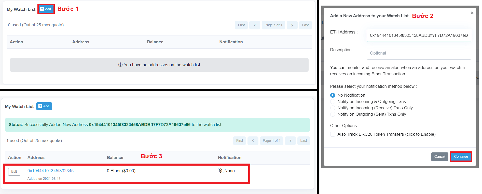 Thêm địa chỉ ví vào danh sách theo dõi trên etherscan.io