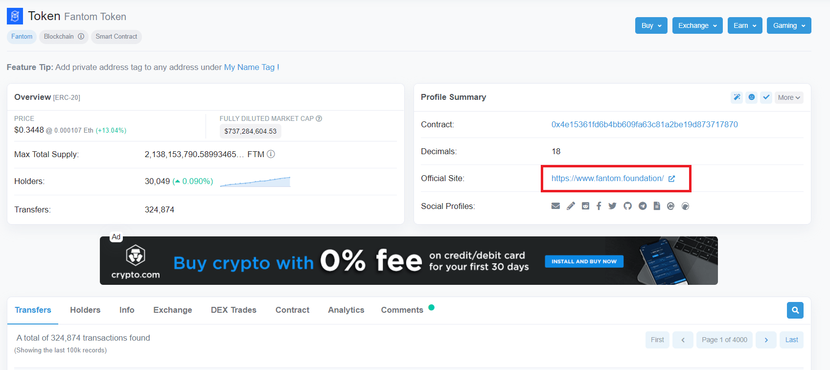Kiểm tra thông tin của Fantom trên etherscan