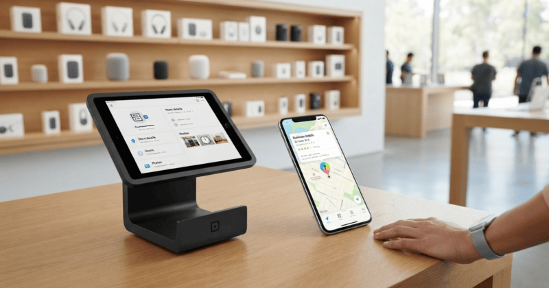 Square POS端末とiPhoneのApple Mapsが並び、店舗情報が同期される様子