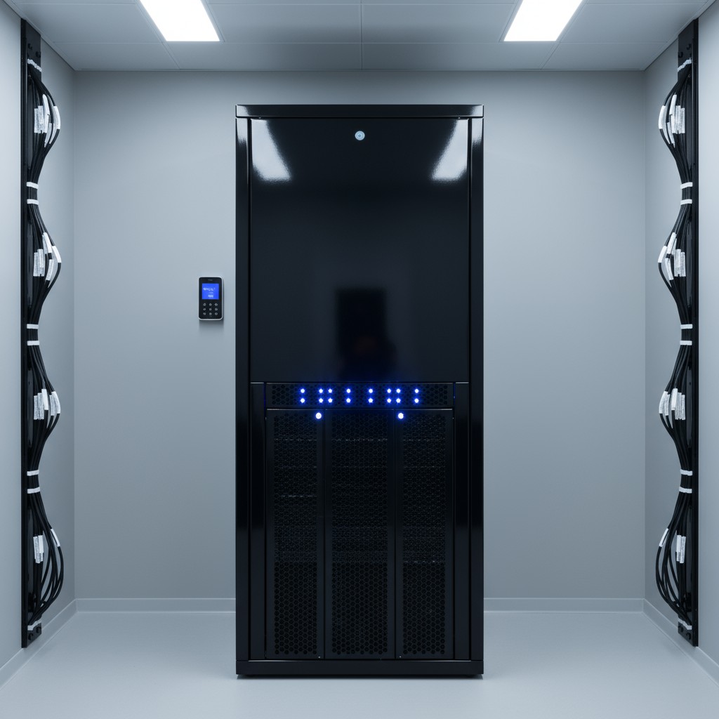 A modern data center server room with black equipment and grey walls.