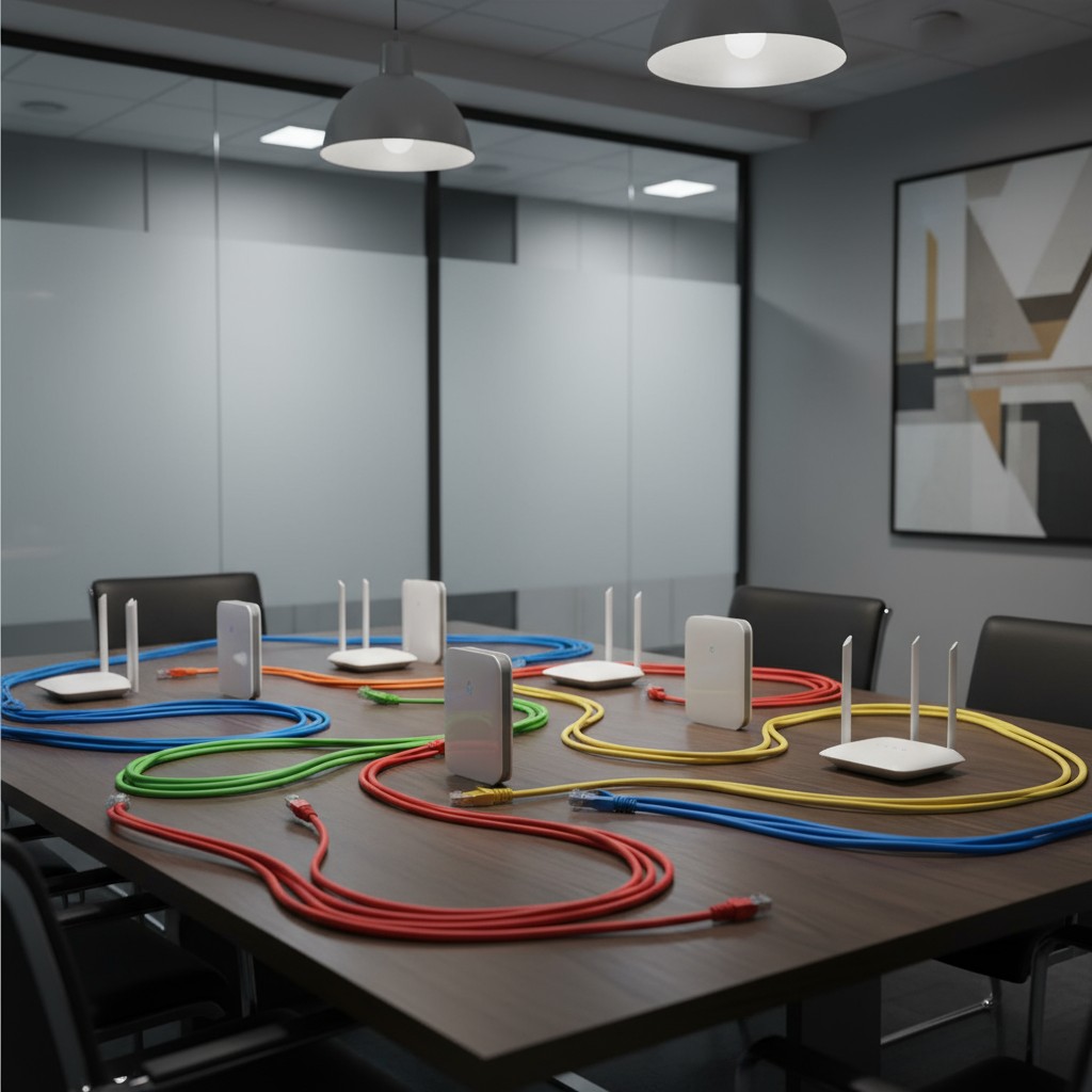 A conference room table set up with various internet devices, including routers and cables, showing a typical wireless net...