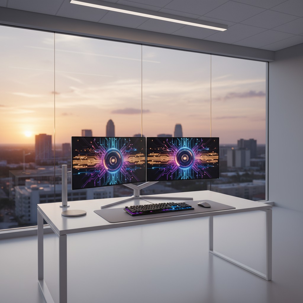 Two computer monitors with an abstract design laid over what is likely a cityscape. "two monitors with a colorful abstract...