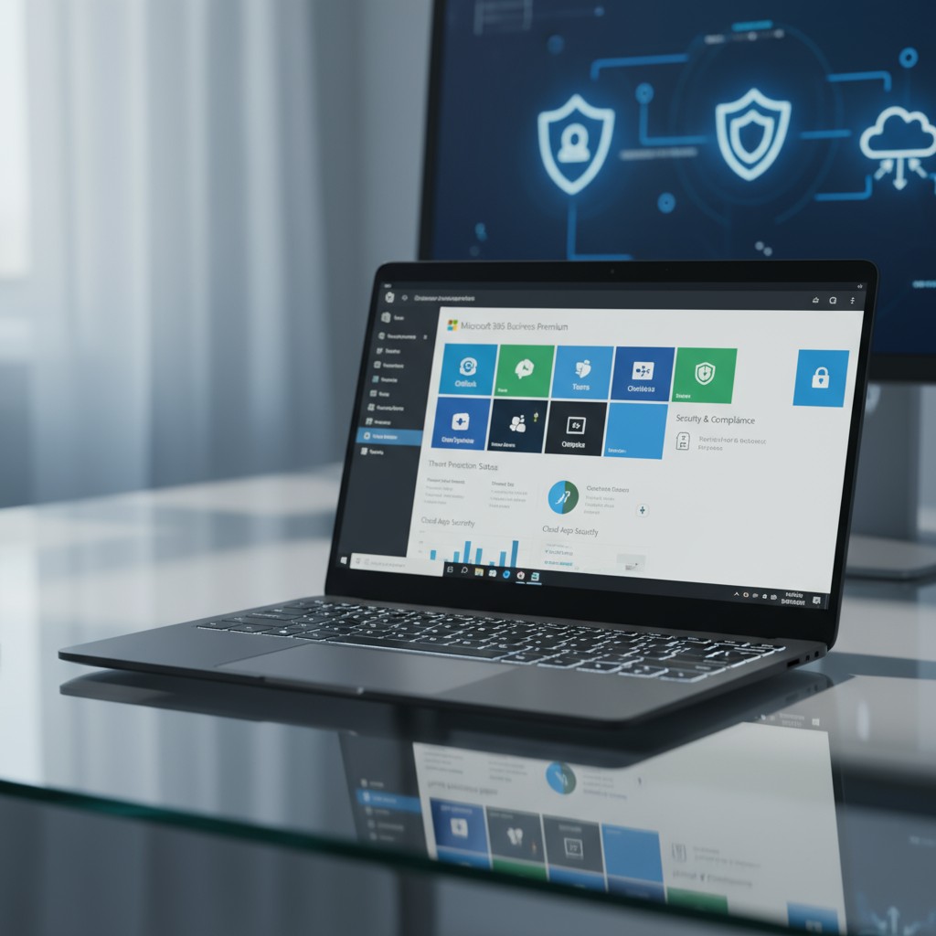 Laptop with Microsoft 365 Business Premium screen and security cloud GUI in the background.