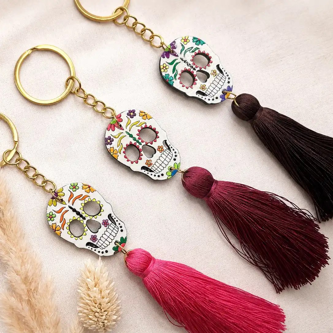 Mexican Sugar Skull Keyring with Tassel