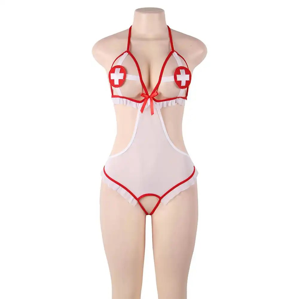 Hot and sexy nurse nightshift teddy lingerie roleplay costume- front dummy