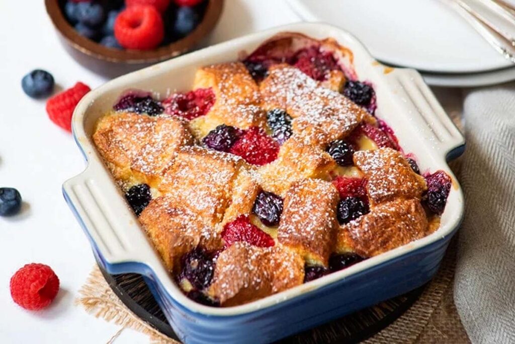 A bread pudding made in a casserole dish.