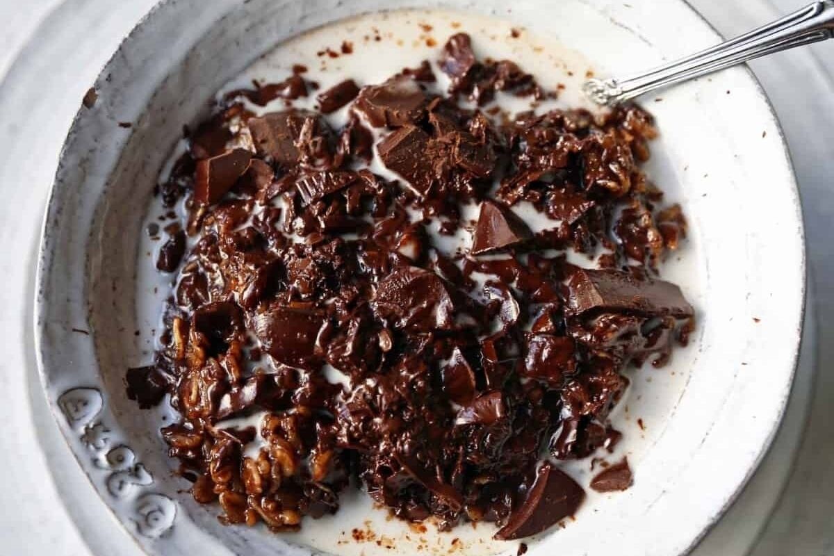 A bowl of chocolate granola ready for indulgence.