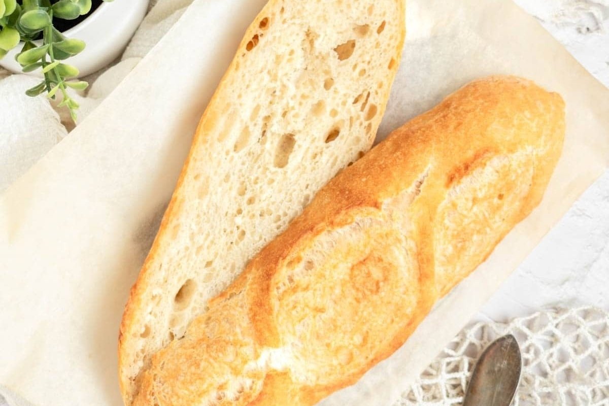 A slice of bread from one of our recipes on a piece of paper next to a plant.