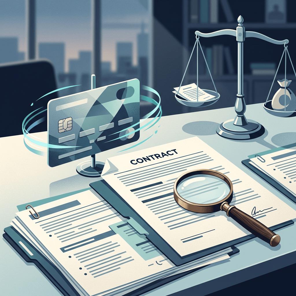 Credit card, contract documents, magnifying glass, and balance scales