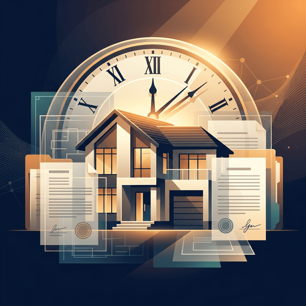 Modern house surrounded by documents beneath a large clock