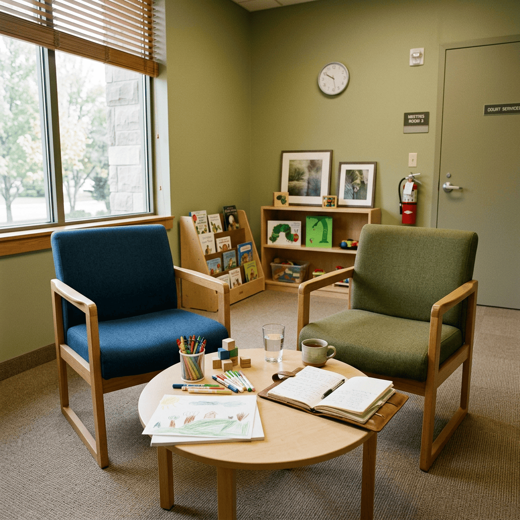 Children's counseling room with two chairs, books, toys, art supplies, and an open notebook