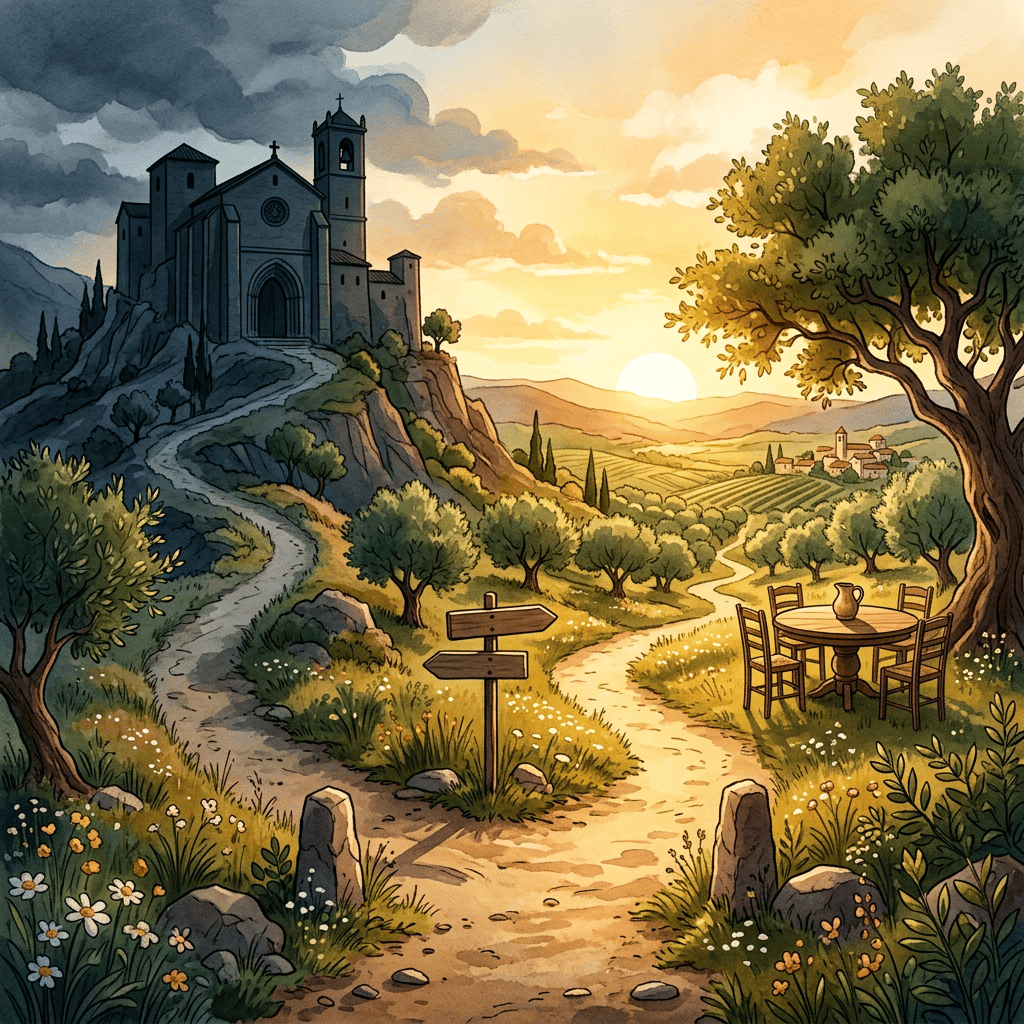 Illustrated countryside path with hilltop monastery, olive trees, and sunset