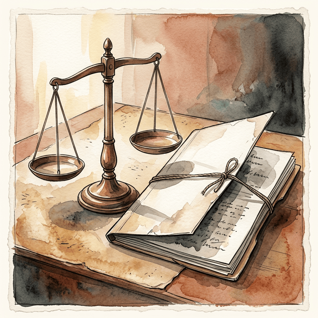 Watercolor illustration of balance scales beside an open handwritten manuscript