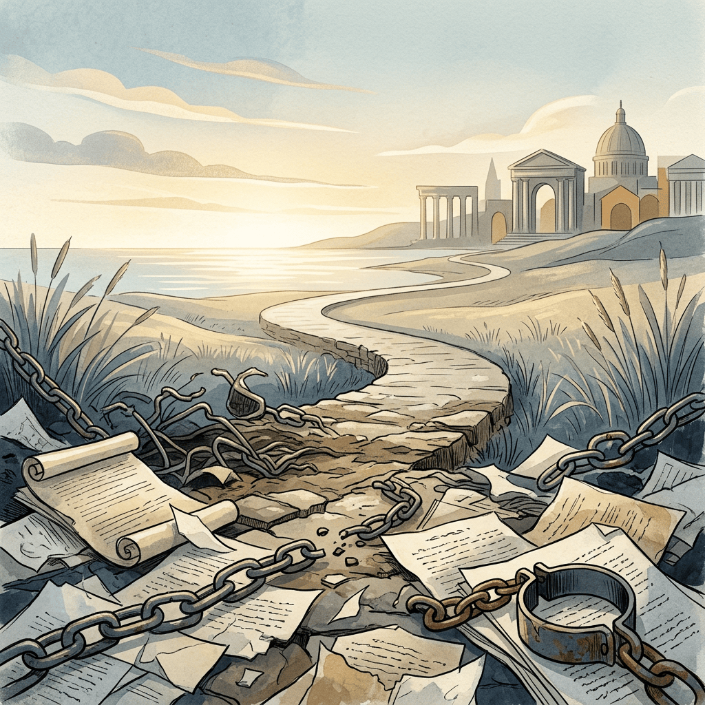 Broken chains and papers beside a path leading toward a coastal city