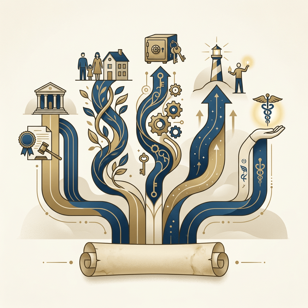 Symbolic pathways linking home, finance, technology, exploration, and healthcare