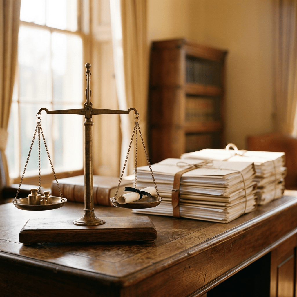 Vintage balance scale beside a scroll and stacks of legal documents