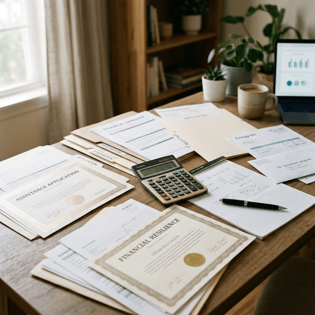 Financial assistance and resilience documents with calculator and laptop