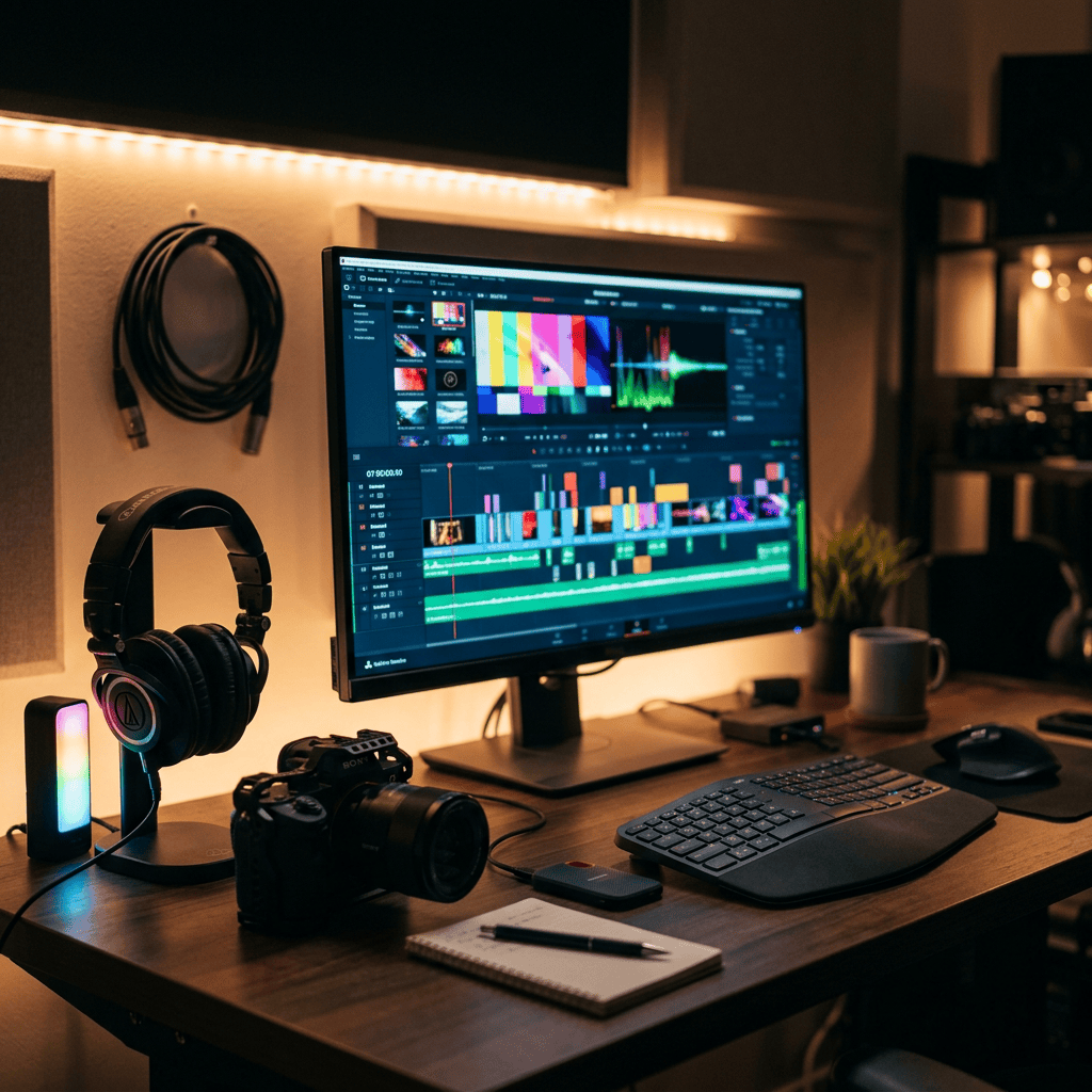 Video editing monitor with camera, headphones, keyboard, and notebook