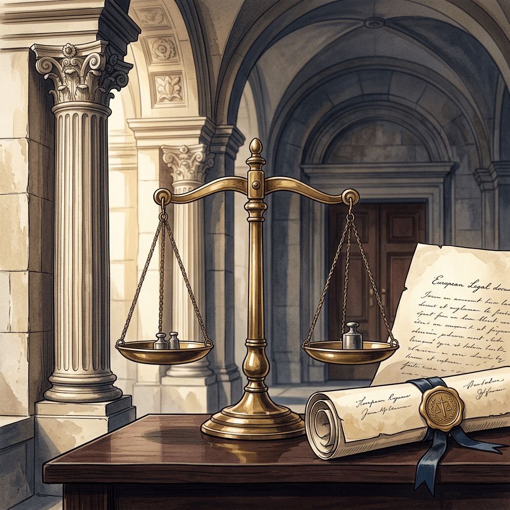 Brass balance scale beside European legal documents and a wax-sealed scroll
