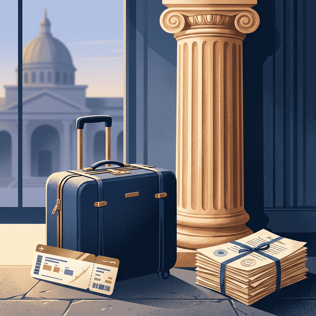 Suitcase, boarding pass, and tied documents beside a courthouse column