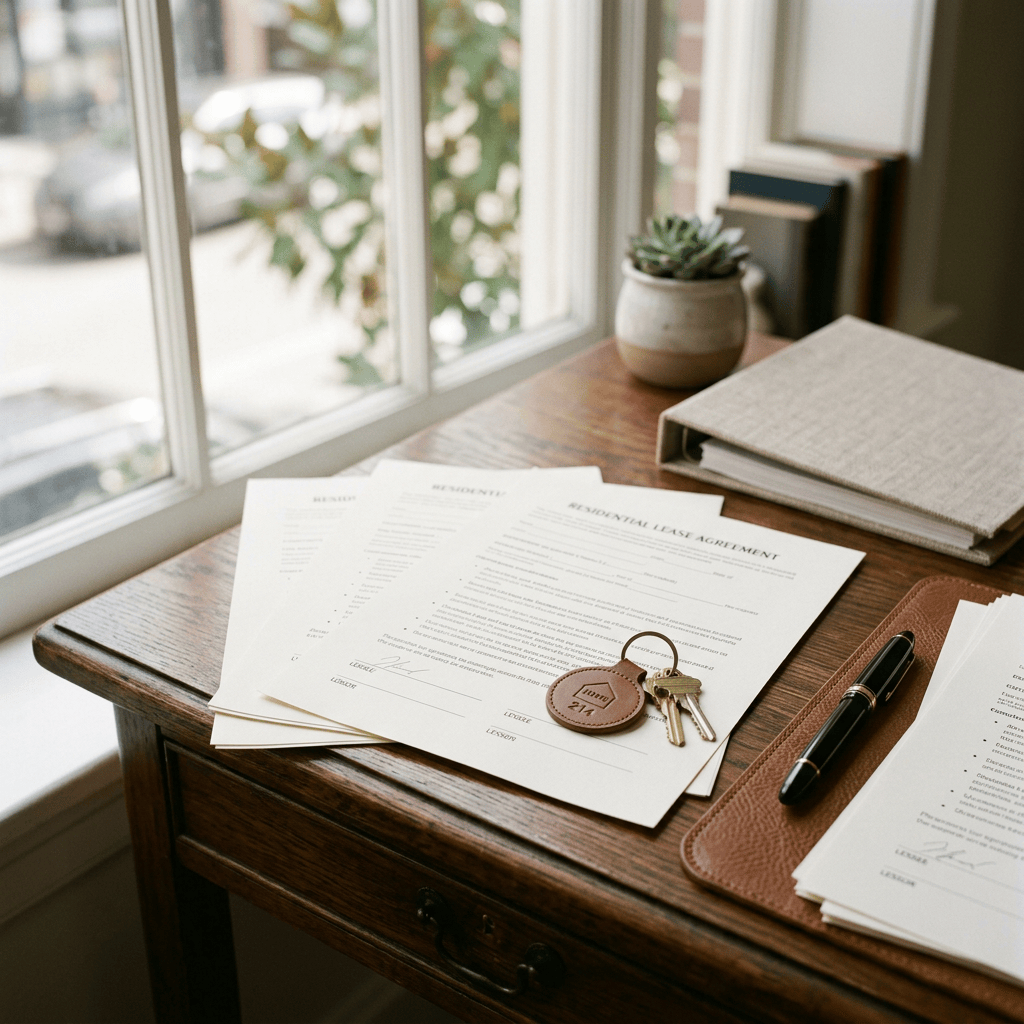Residential lease agreement with keys and pen on a wooden desk