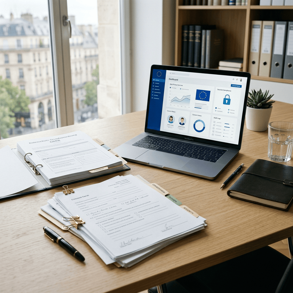 Laptop showing a European data compliance dashboard beside paperwork