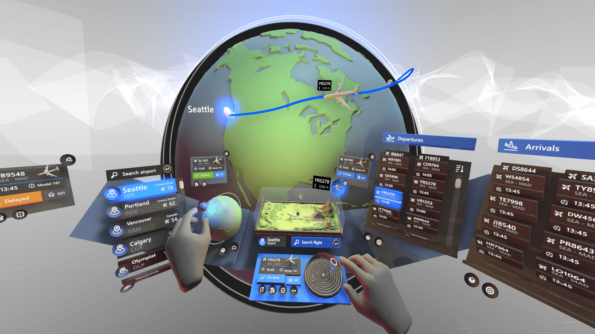 Sample scene of a VR interface for a flight tracker from Microsoft Maquette.