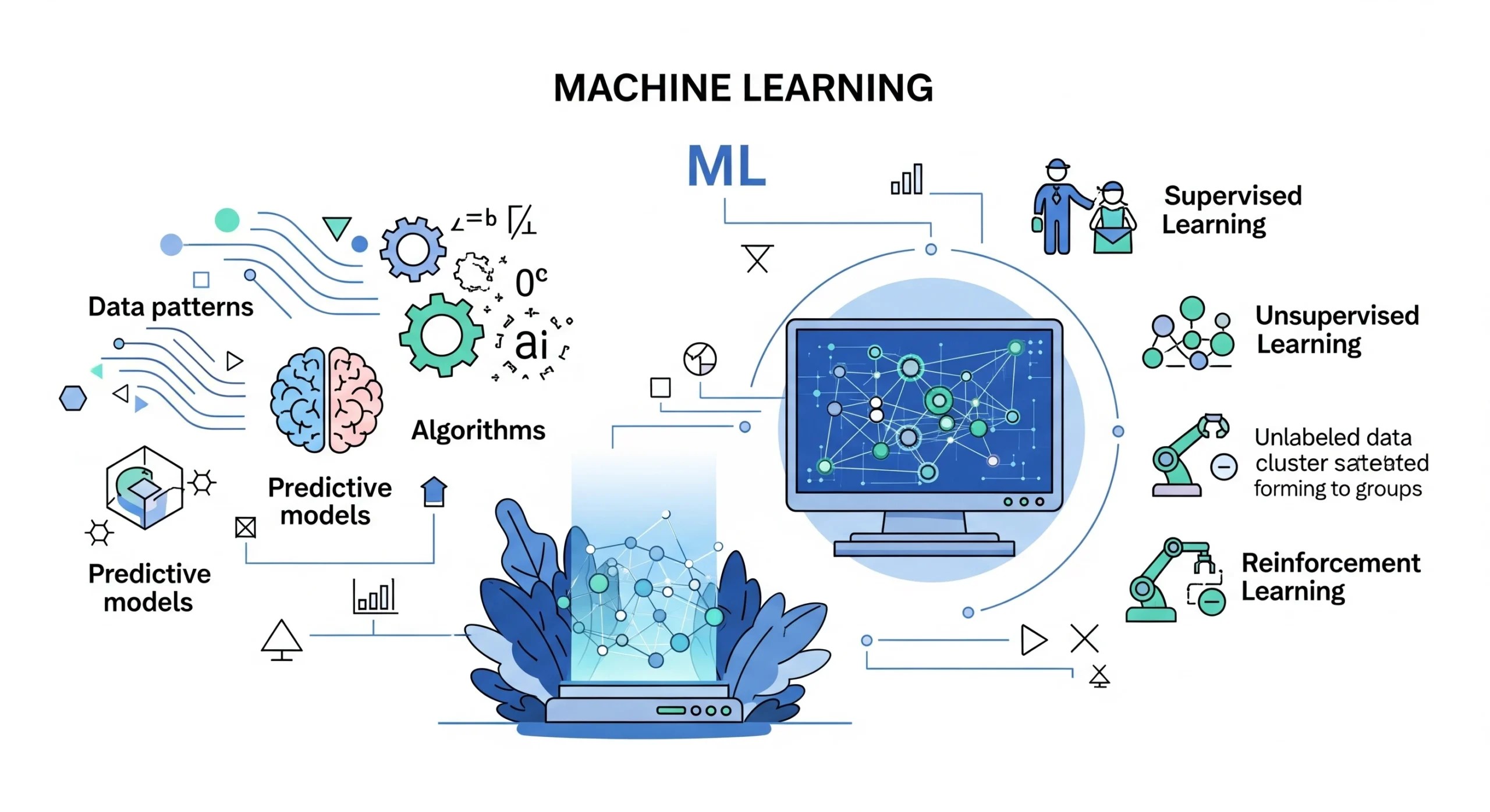 What Is Machine Learning (ML) – Illustration showing data analysis, predictive models, and adaptive learning systems