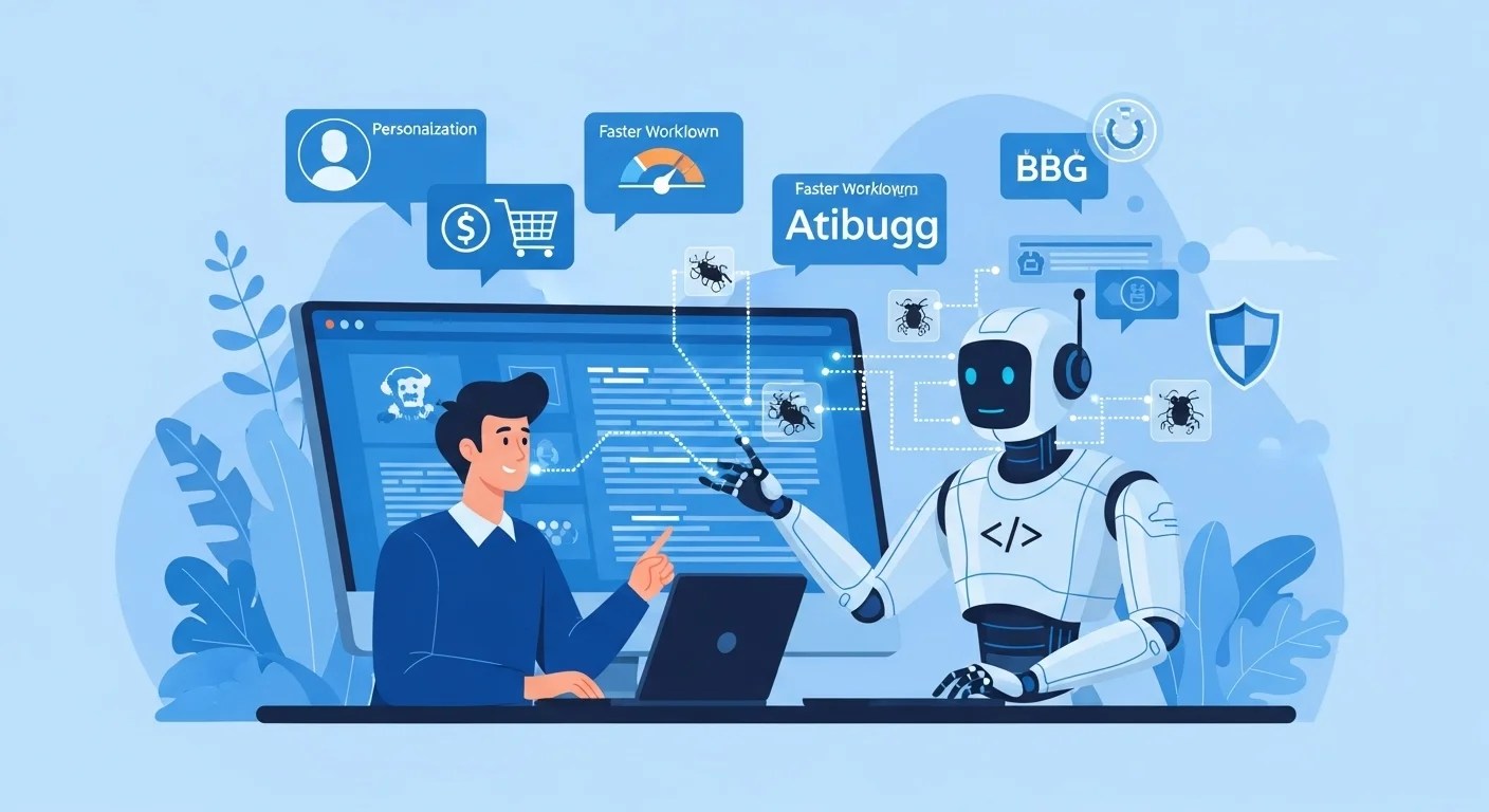 "Will web development be replaced by AI? Illustration showing AI and a developer working together as partners on code, design, and website personalization."