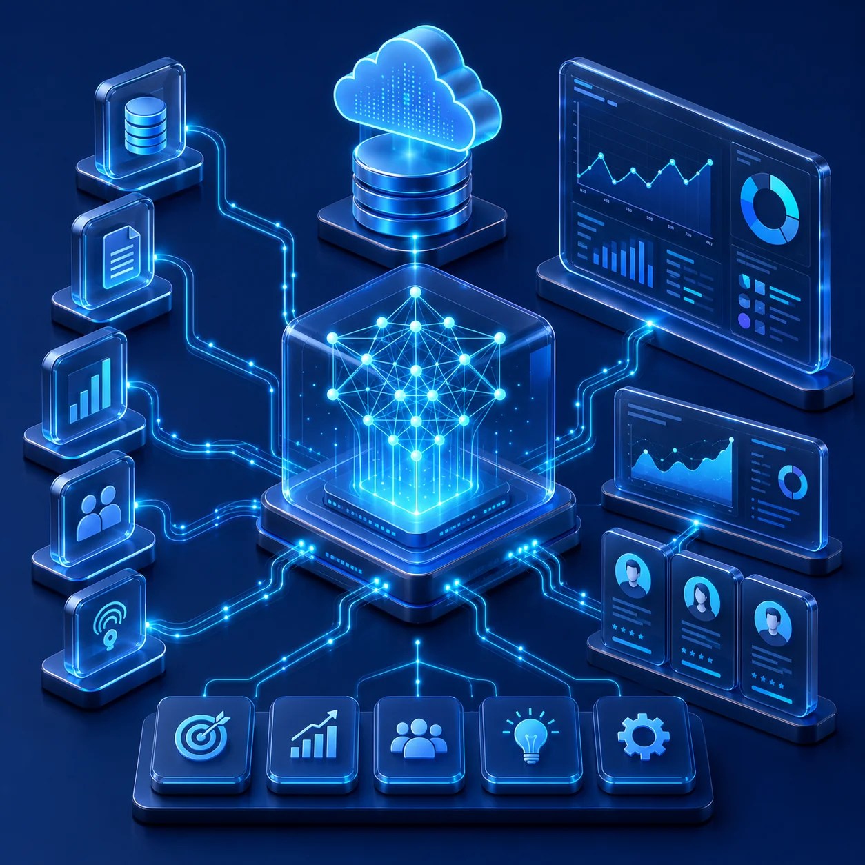 Futuristic data ecosystem with AI core
