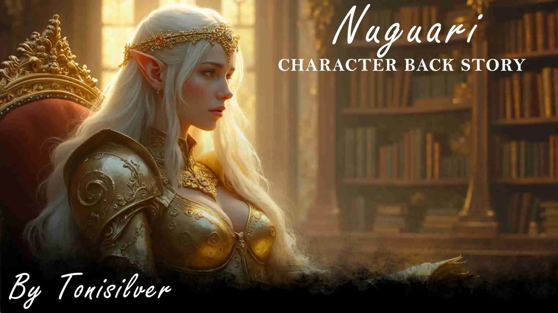High Elf Templar character sitting on a chair near a fire