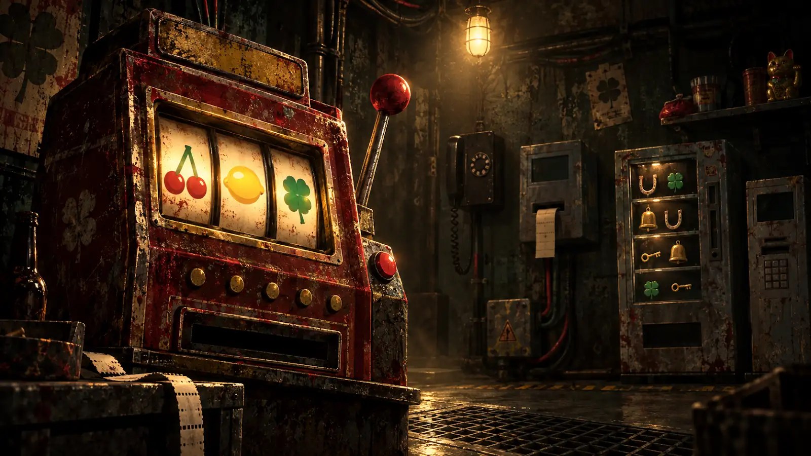 A weathered slot machine glows beside a telephone, charm cabinet, and payment terminal in a shadowy cell